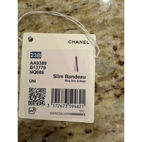 Chanel Silk Twill Slim Bandeau Scarf Blue Ecru Beige - Picture 8 of 8